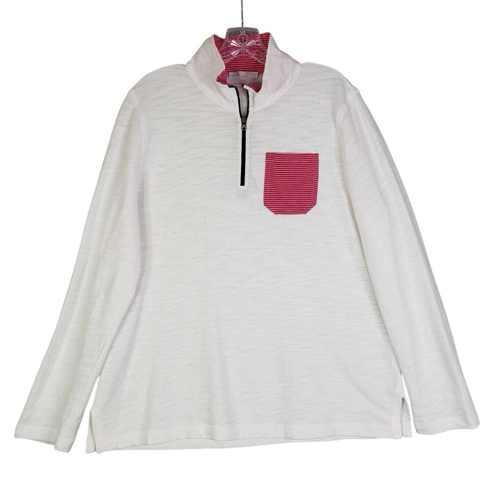 Talbots Sweatshirt Quarter Zip Pullover White Womens Large Terry Knit Cotton